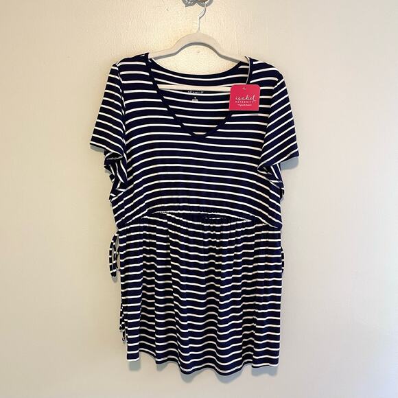 NWT Isabel Maternity Size XL Navy Blue White Stripe Top Short Sleeves - Picture 1 of 9